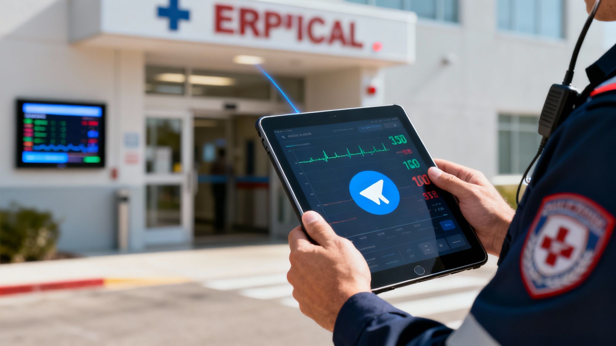 Paramedic uses a tablet displaying real-time medical data outside a hospital, showing dispatch or monitoring.
