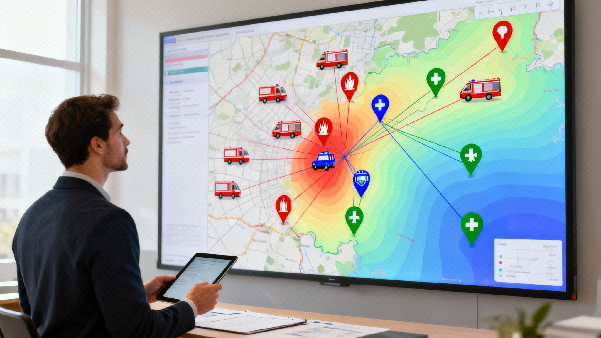 A man views a large screen displaying a map with fire trucks, ambulances, and incident locations.