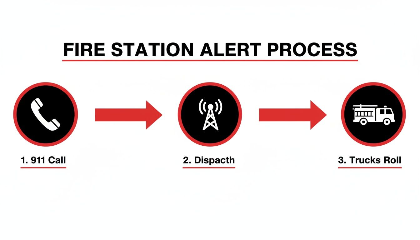 Flowchart showing the fire station alert process from a 911 call to dispatch and fire trucks rolling out.