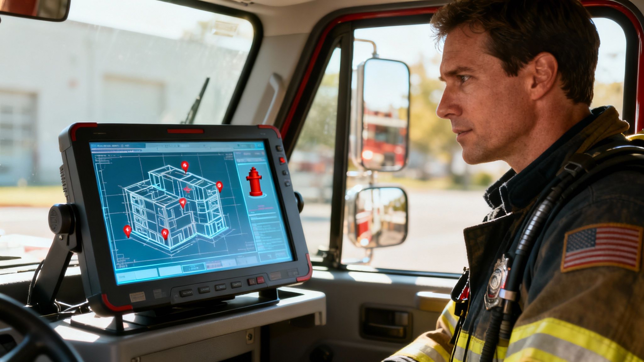 A first responder using a ruggedized tablet in the field to view map and incident data.