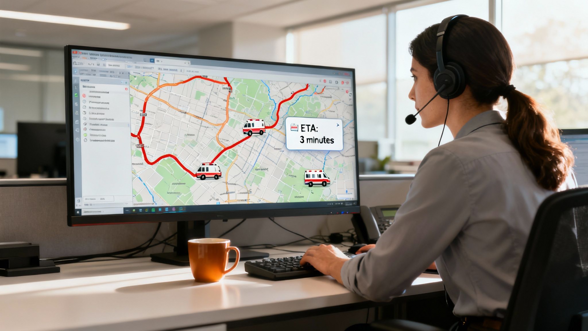 Emergency dispatcher monitoring ambulance routes and ETA on digital map tracking system