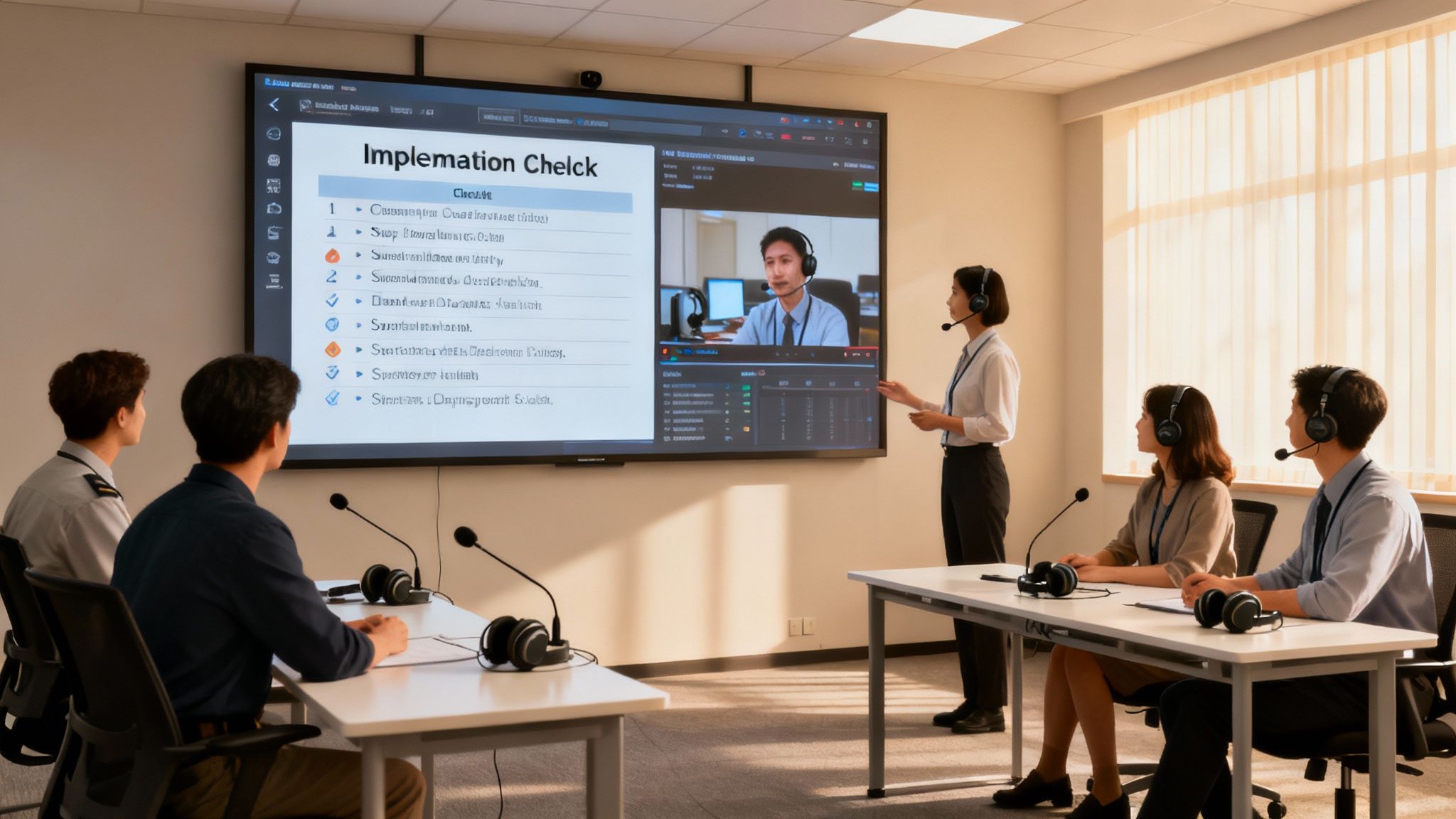 A team of emergency dispatchers working in a control room, focused on their computer screens which display maps and data.