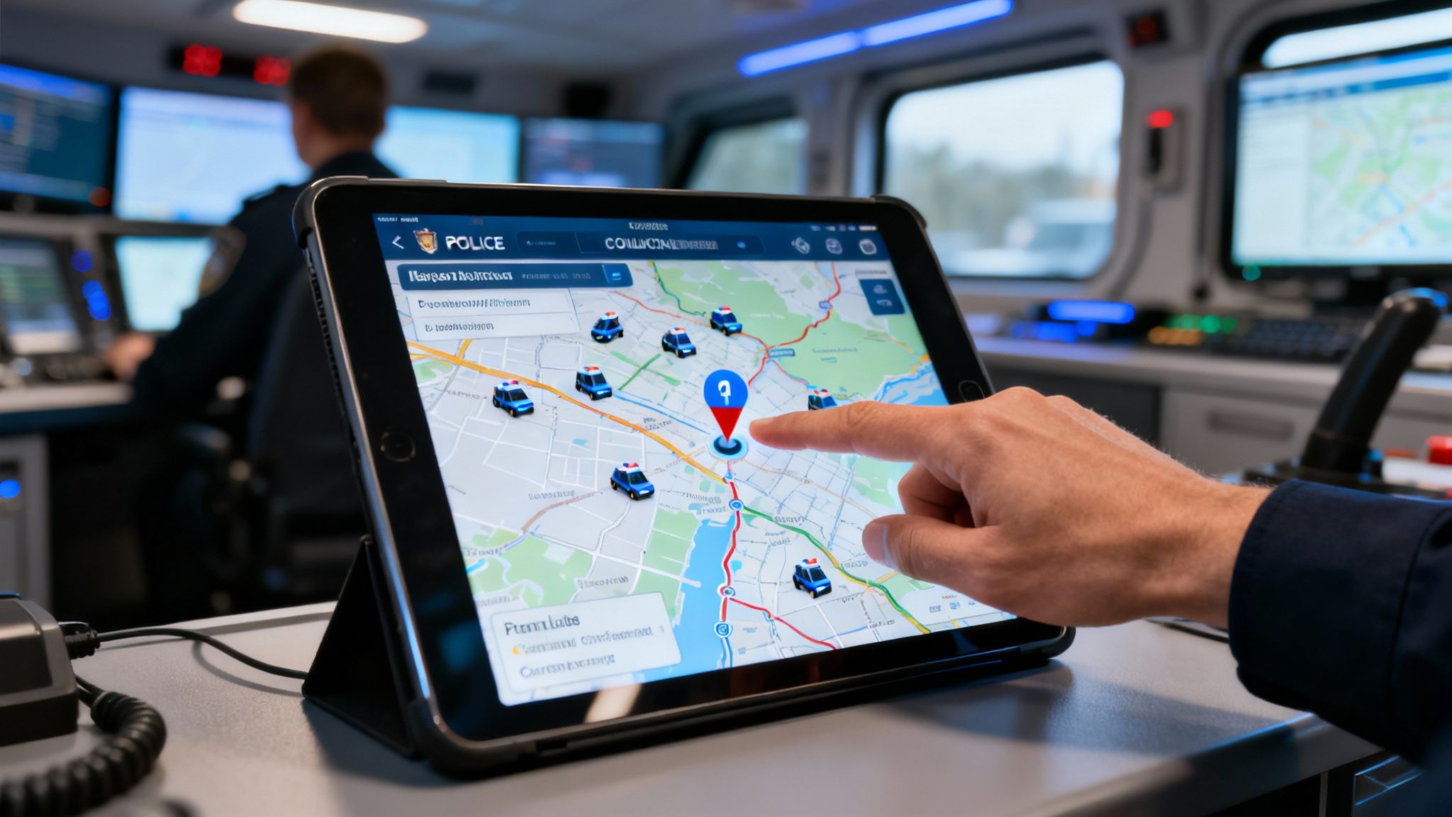 A police officer's hand interacts with a tablet showing a police vehicle tracking map in a mobile command center.