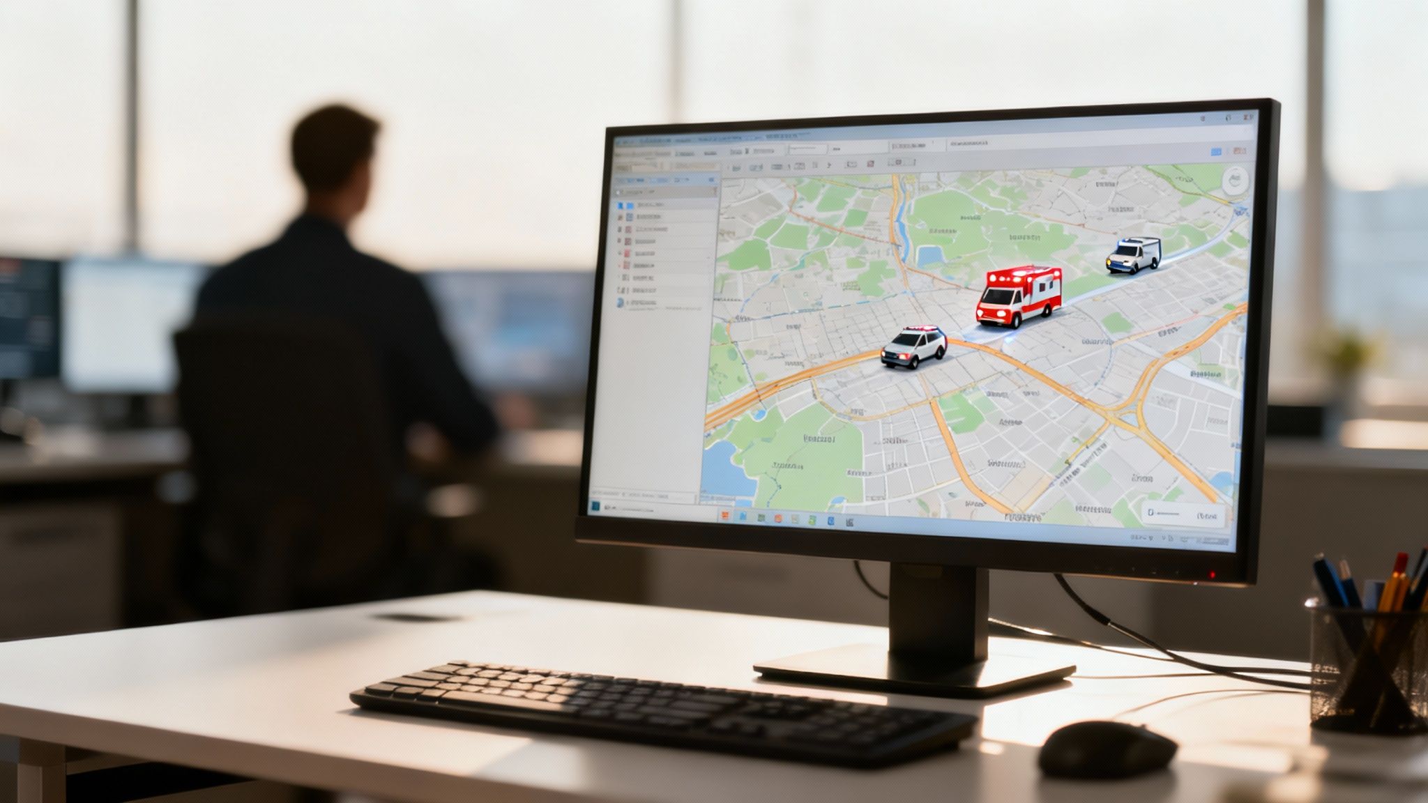 Computer monitor displaying GPS vehicle tracking system with ambulance and police cars on digital map