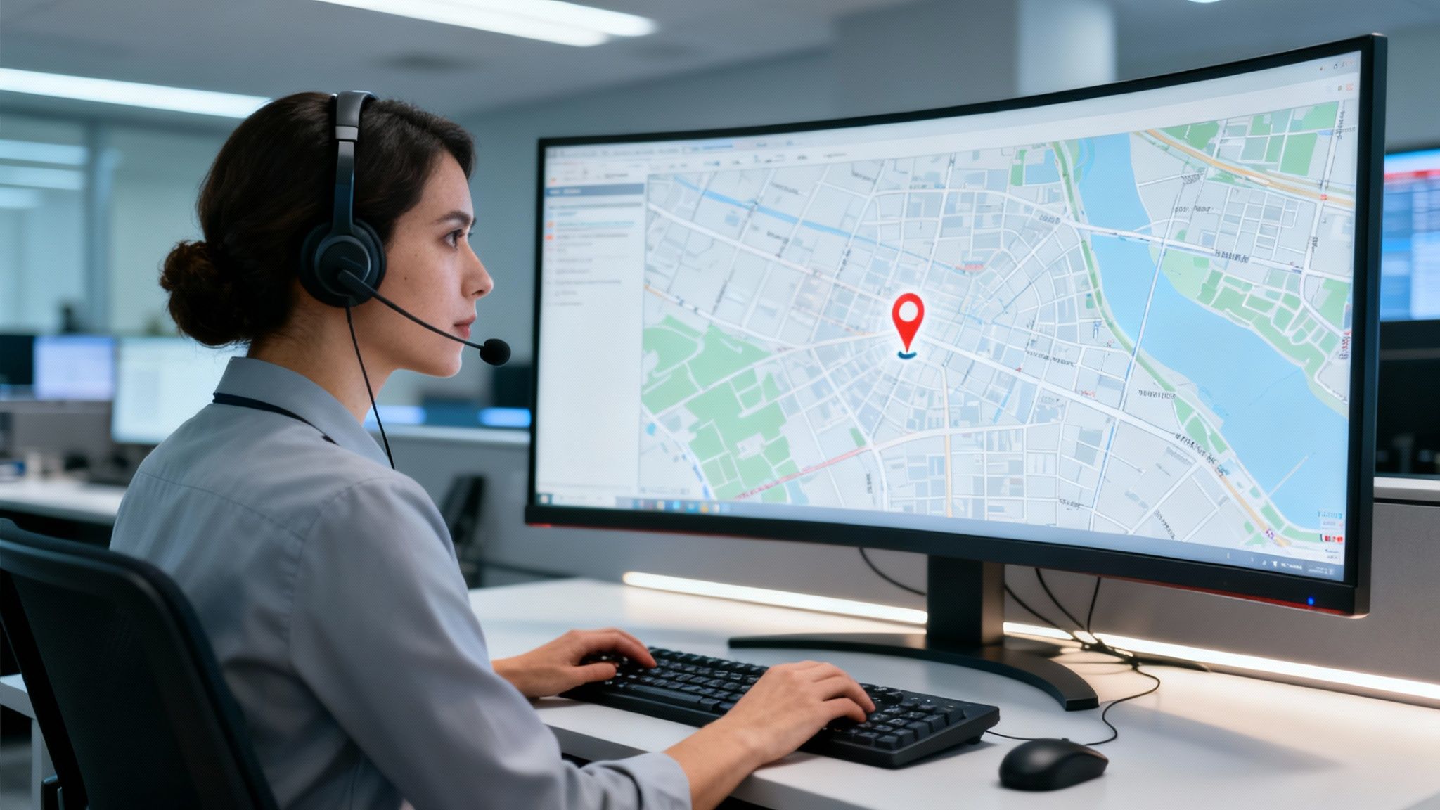 A woman wearing a headset works at a computer displaying a map with a location pin.