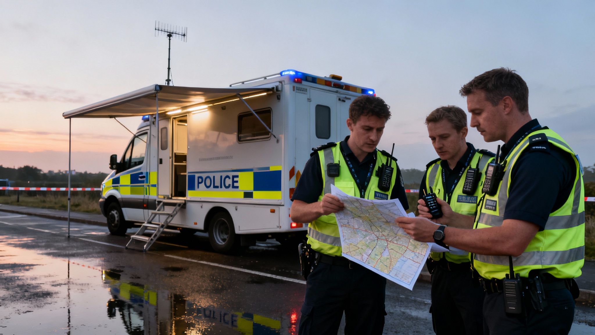 Three police officers in hi-vis vests discuss a map outside a mobile command center at dusk.