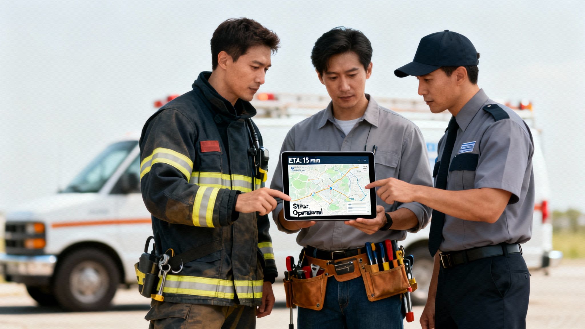 Three service professionals, including a firefighter, discussing a map on a tablet for operational coordination.
