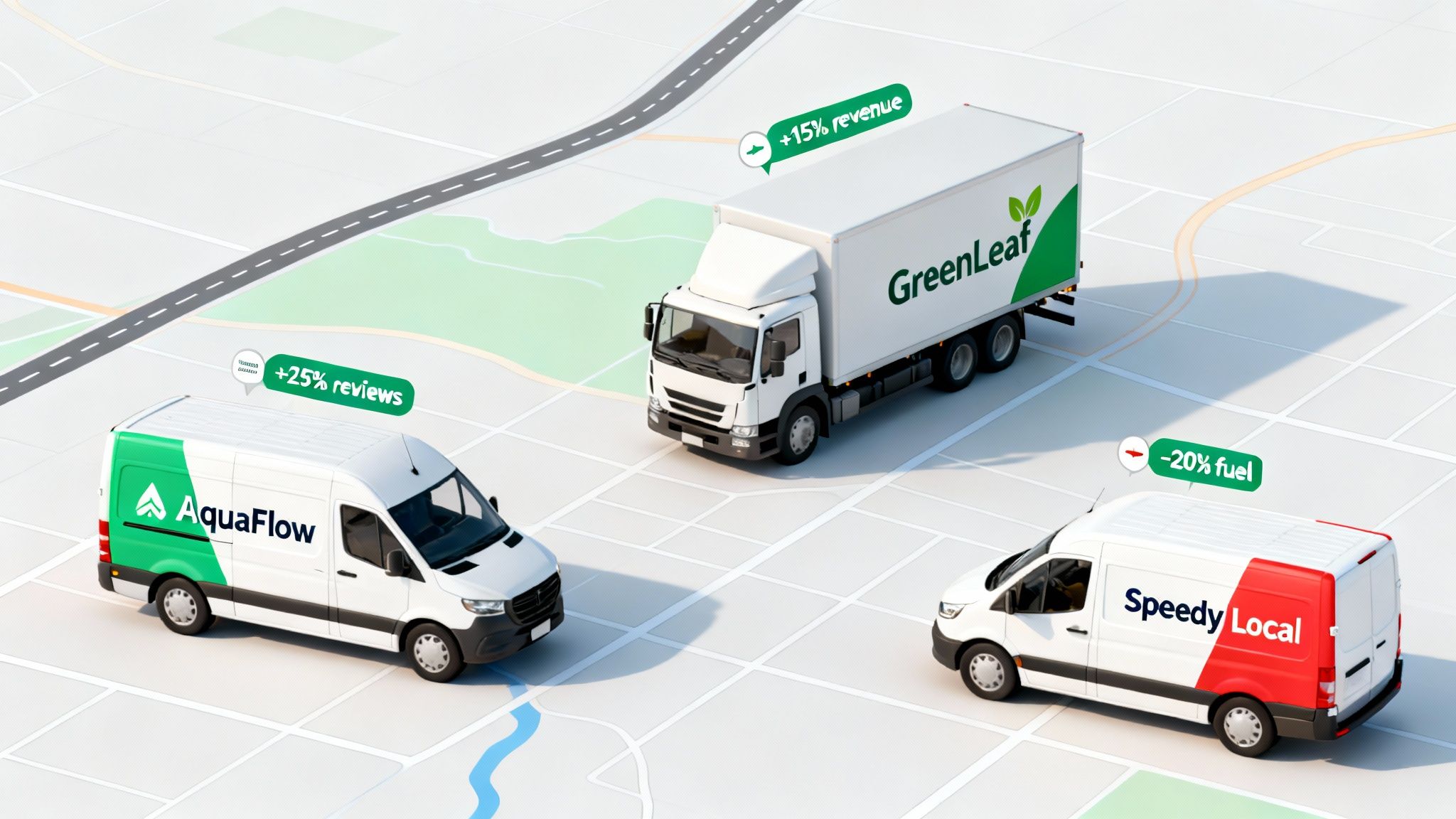 Three delivery vehicles on a map illustrating business improvements like increased reviews, revenue, and reduced fuel.