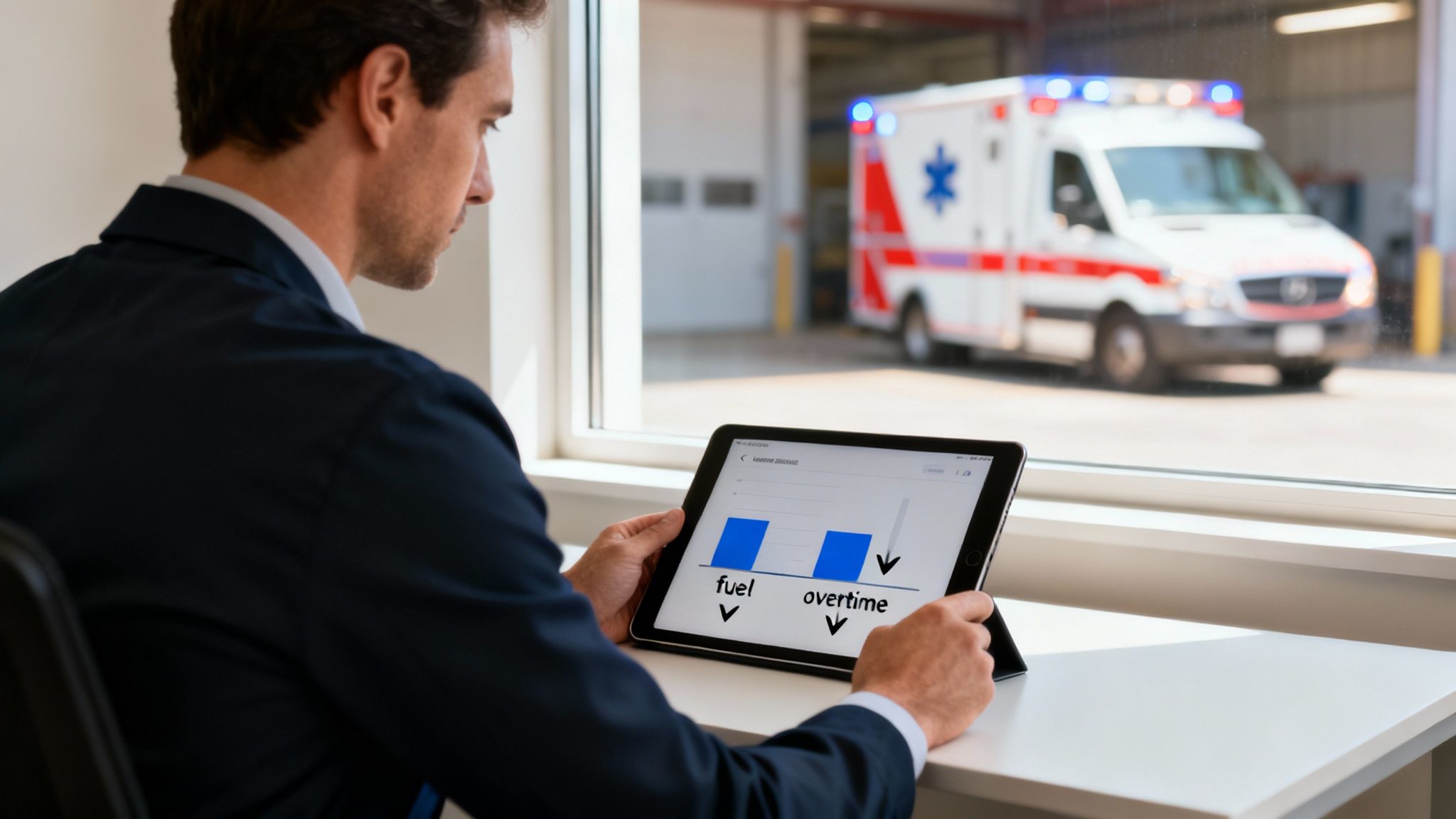 Professional analyzing cost reductions on a tablet, showing 'fuel' and 'overtime' decreasing, with an ambulance outside.