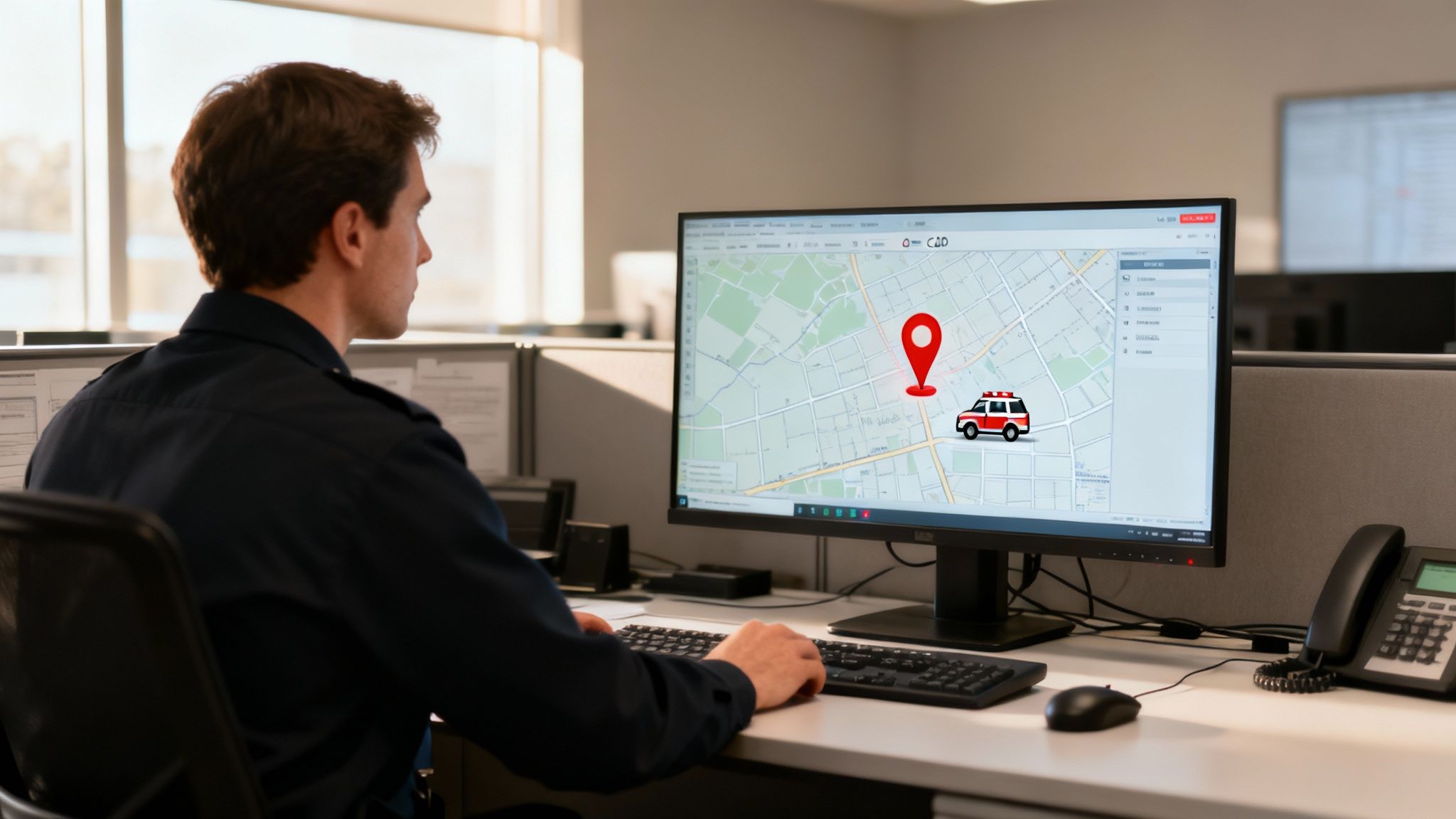 Dispatcher monitoring emergency vehicle location on CAD software map display at police dispatch center