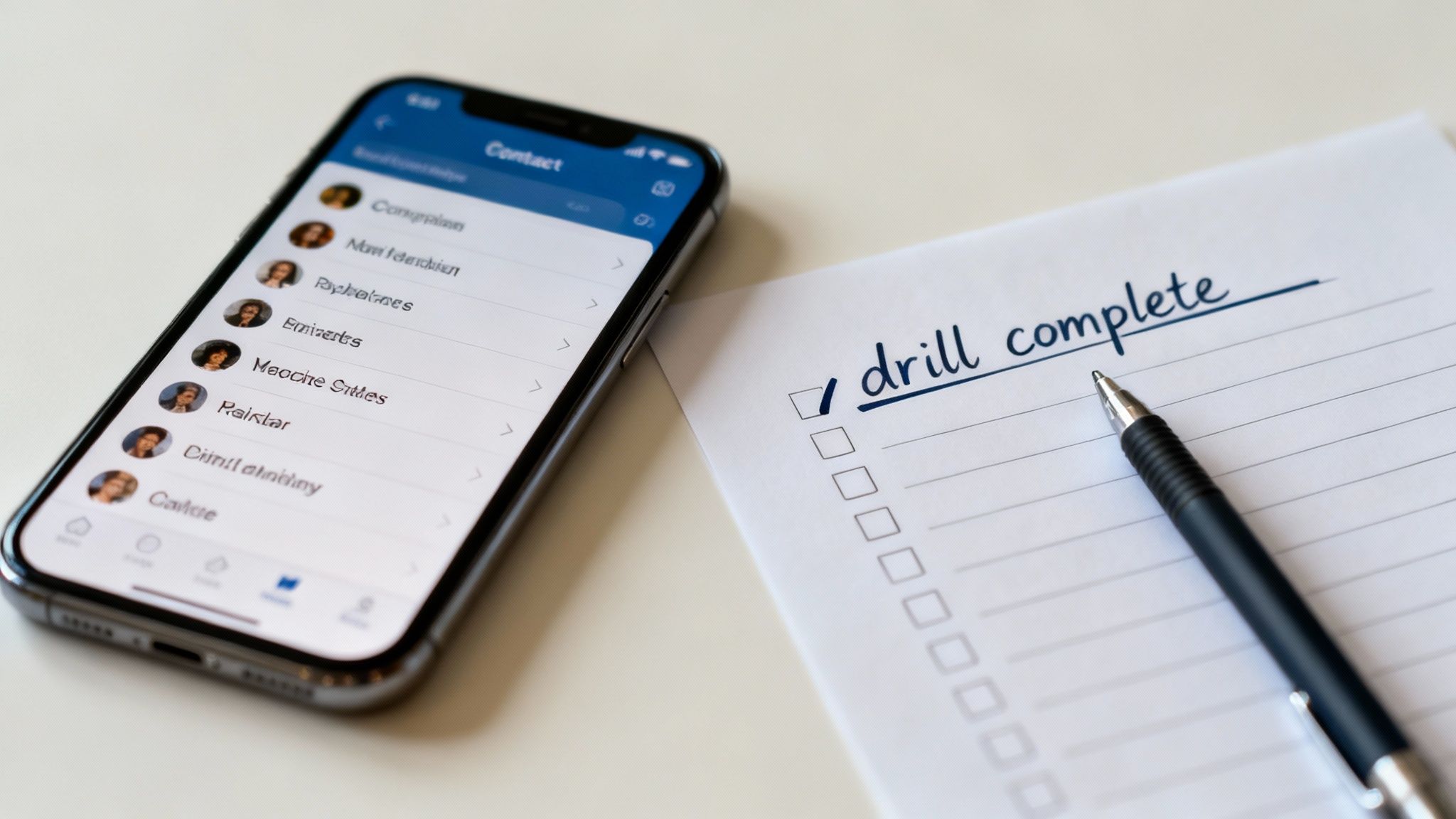 A smartphone showing contacts alongside a checklist with 'drill complete' marked.