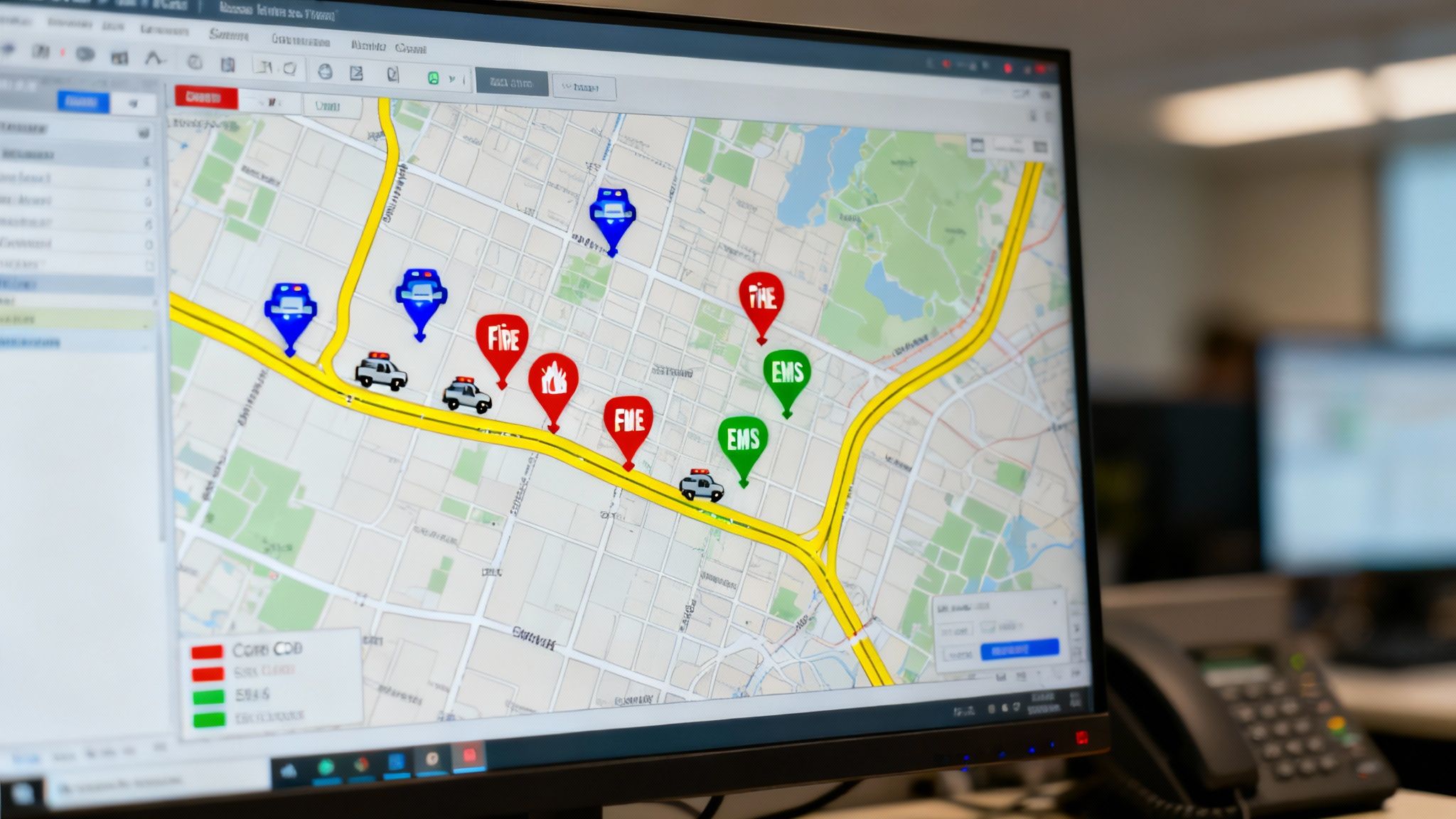 A computer assisted dispatch software interface showing a map with unit locations and an incident list.
