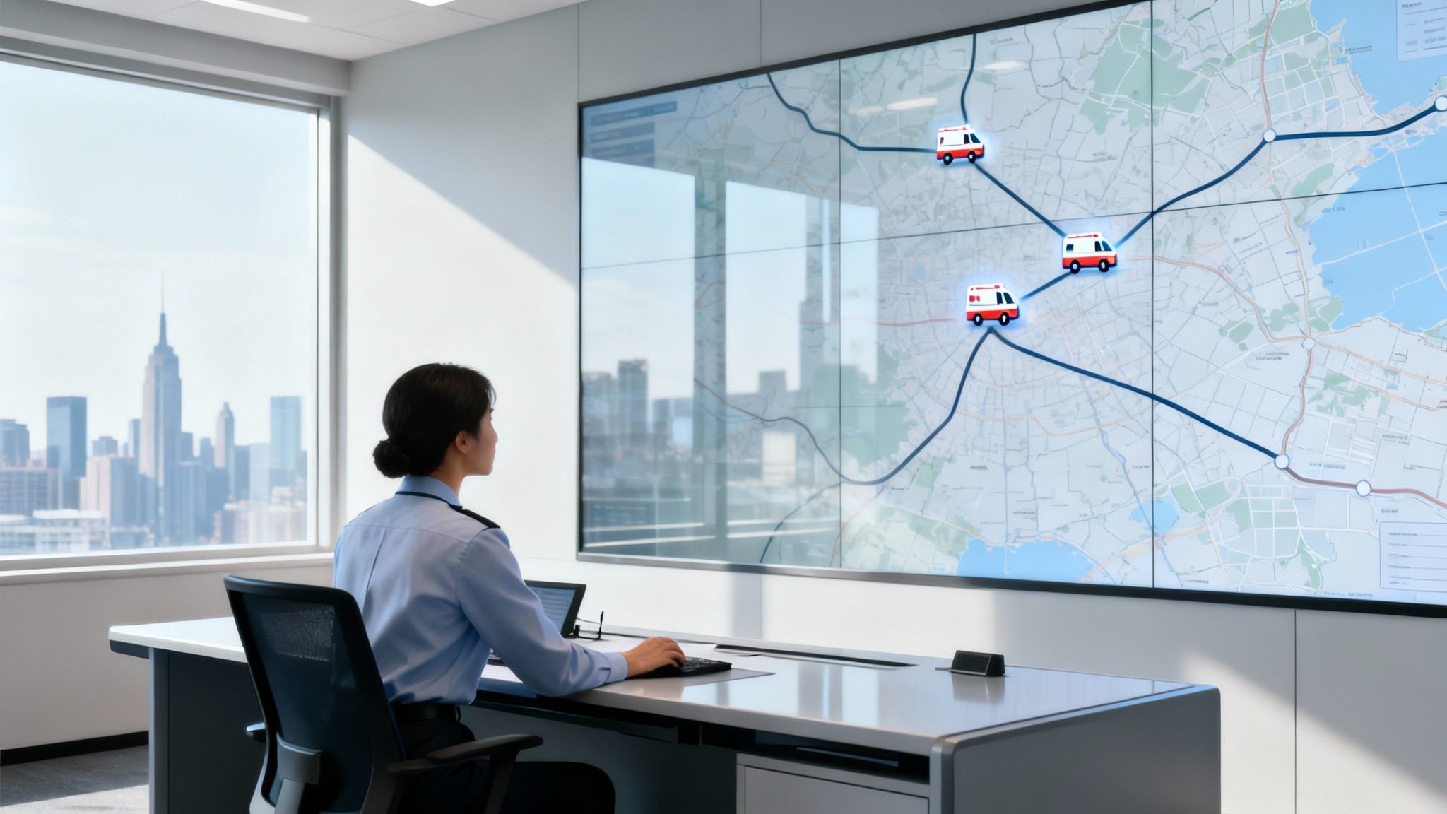 Female emergency dispatcher tracks ambulances on a large control room map overlooking a city.