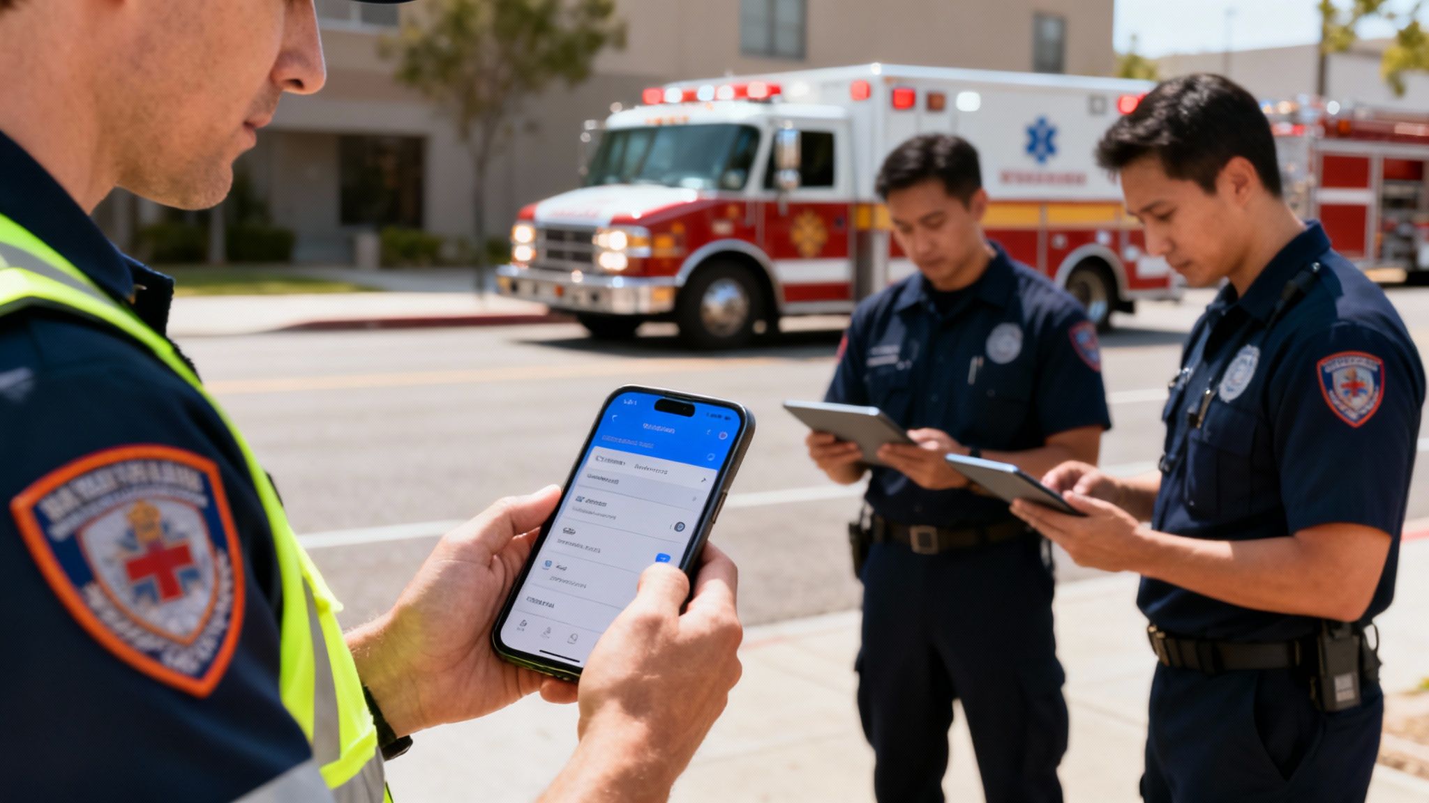 Three emergency responders use smartphones and tablets with an ambulance in the background.