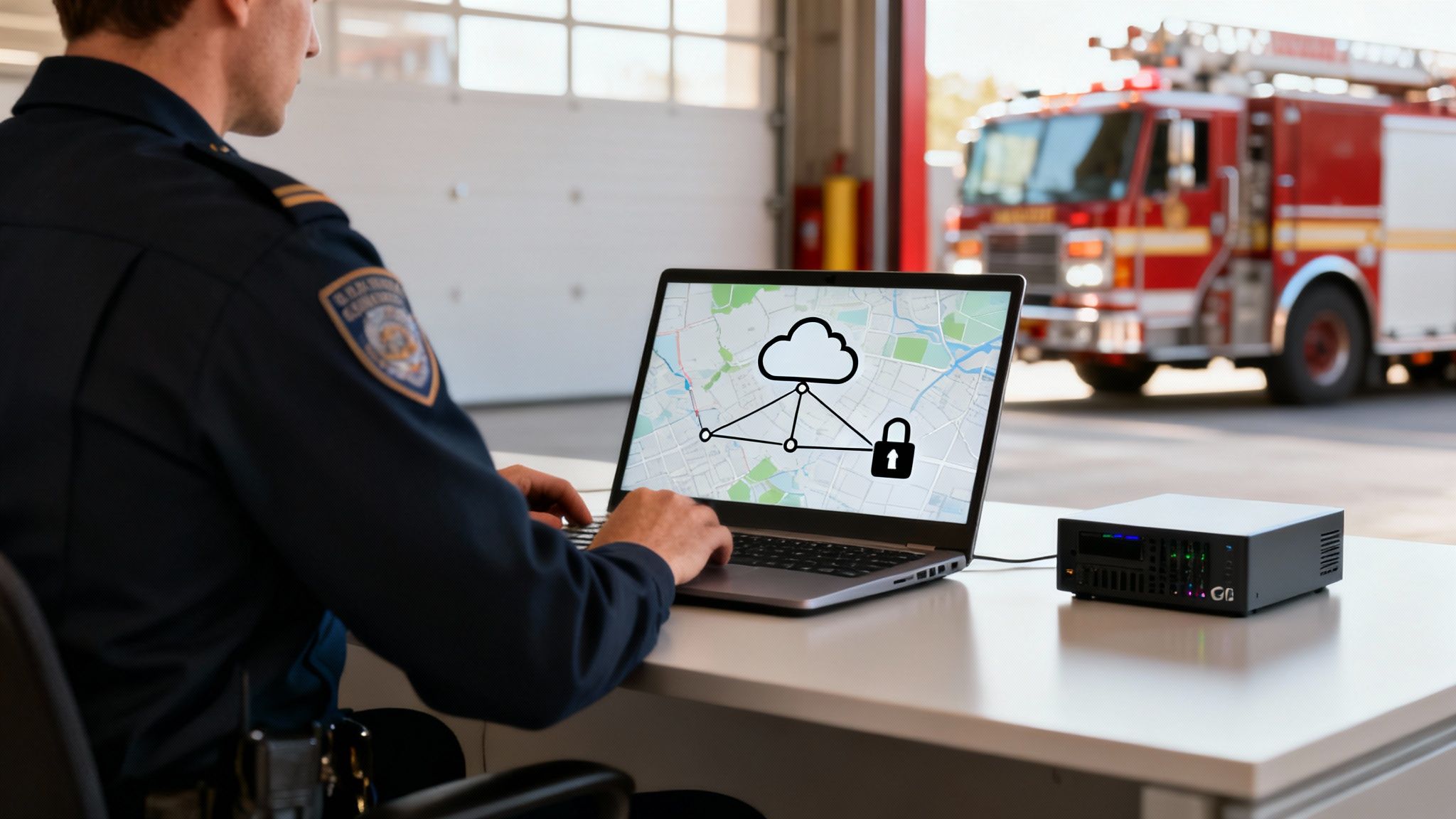 Emergency responder working on a laptop with a network security diagram, a fire truck in the background.