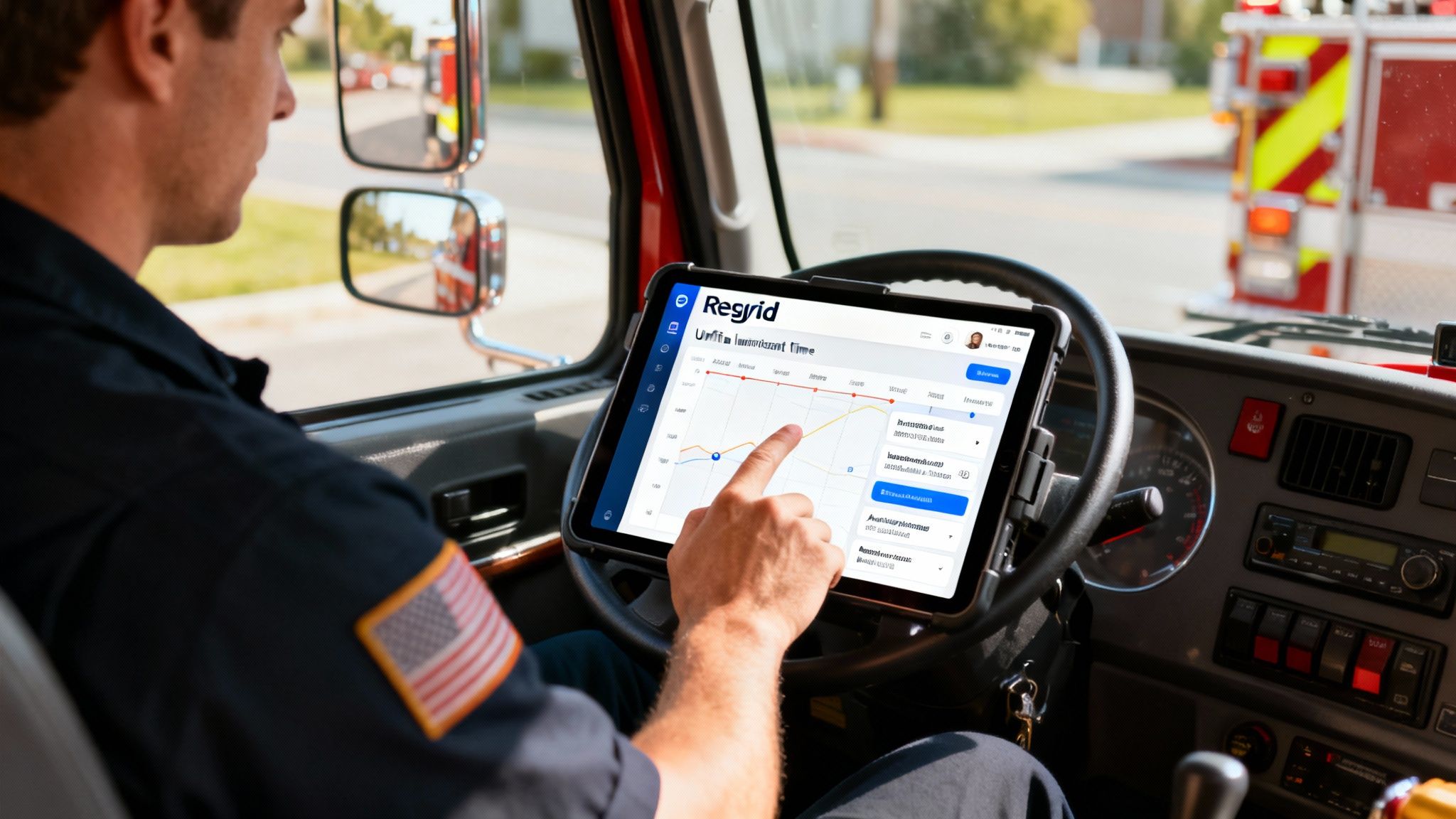 A firefighter in a fire truck cab uses a tablet with the Regrid app displaying a graph.