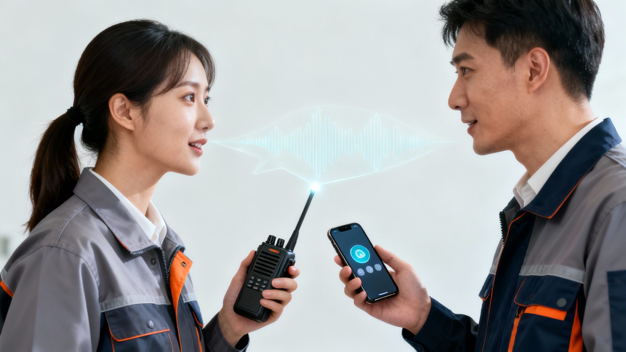 Two workers using a walkie-talkie and a smartphone for two-way communication with a sound wave graphic.