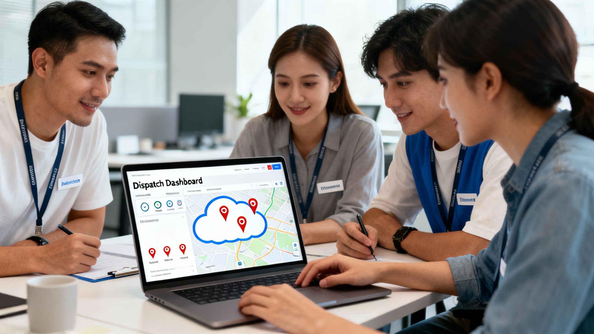 Four young professionals collaborate around a laptop displaying a dispatch dashboard with map and location pins.