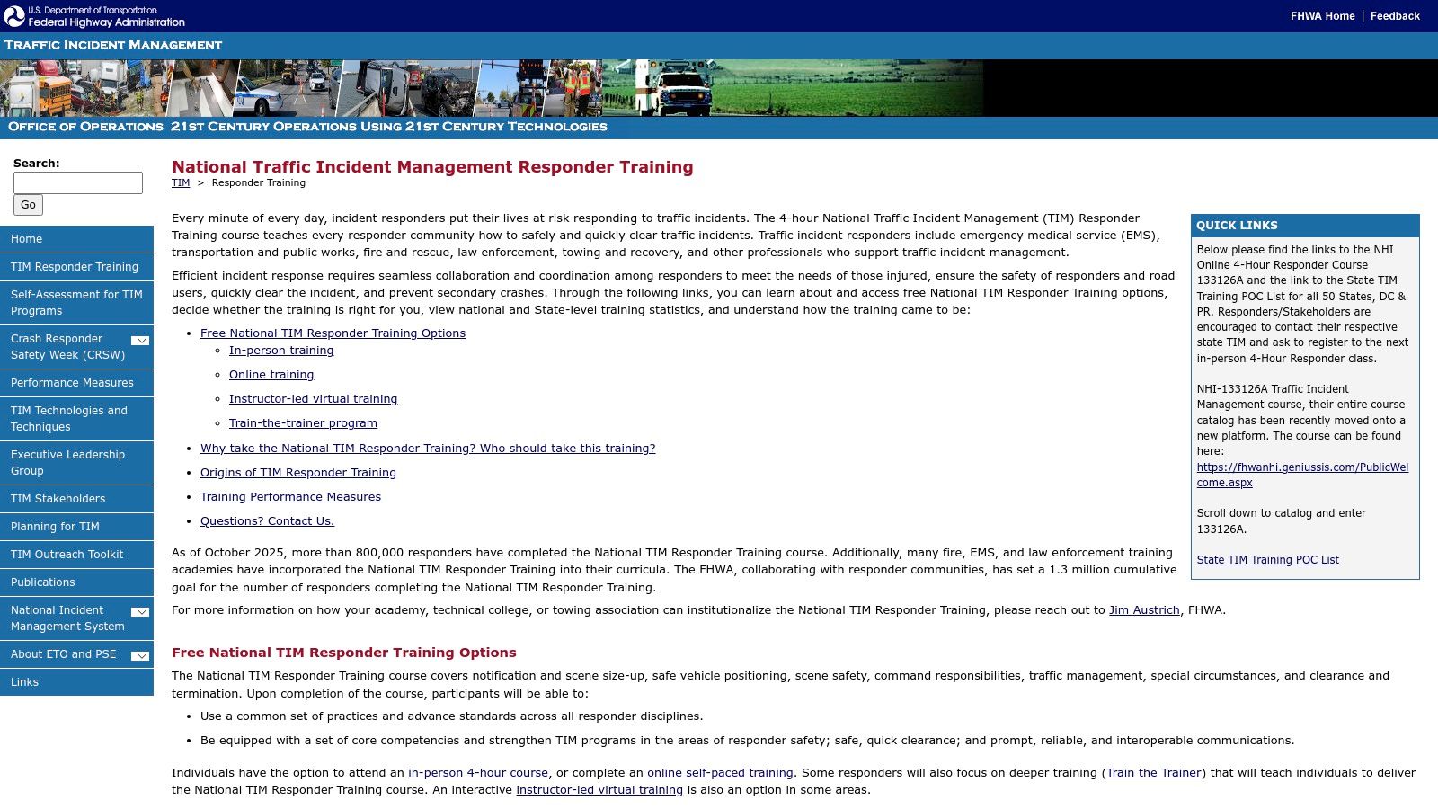 FHWA National Traffic Incident Management (TIM) Responder Training