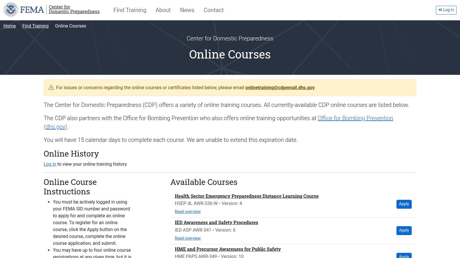 FEMA Center for Domestic Preparedness (CDP) – Web-Based and VILT Courses
