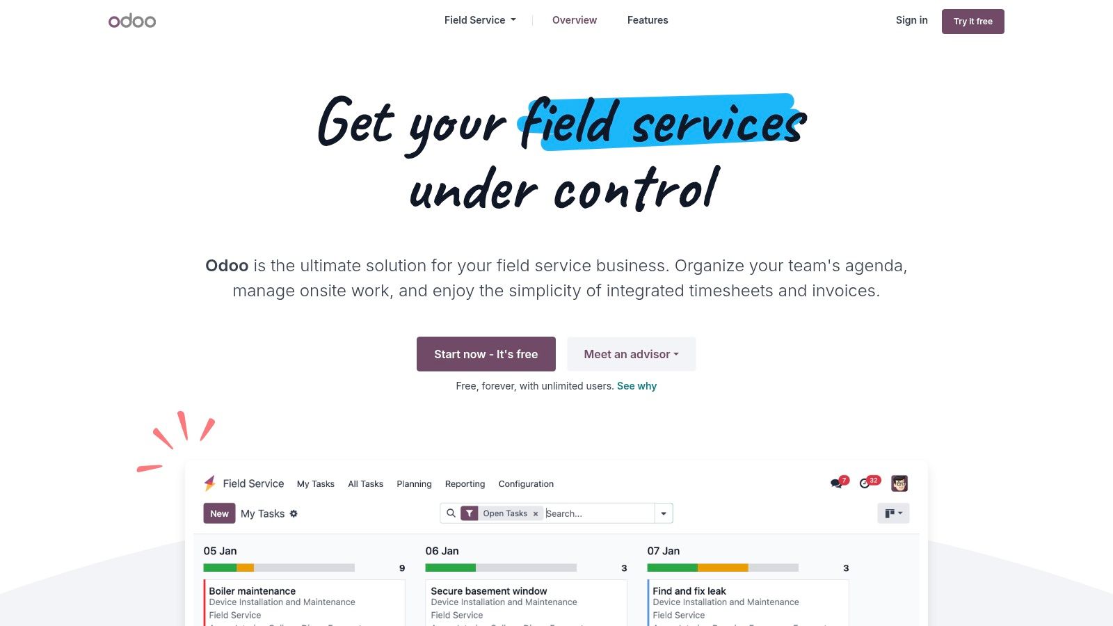 Odoo (One App Free – Field Service app)