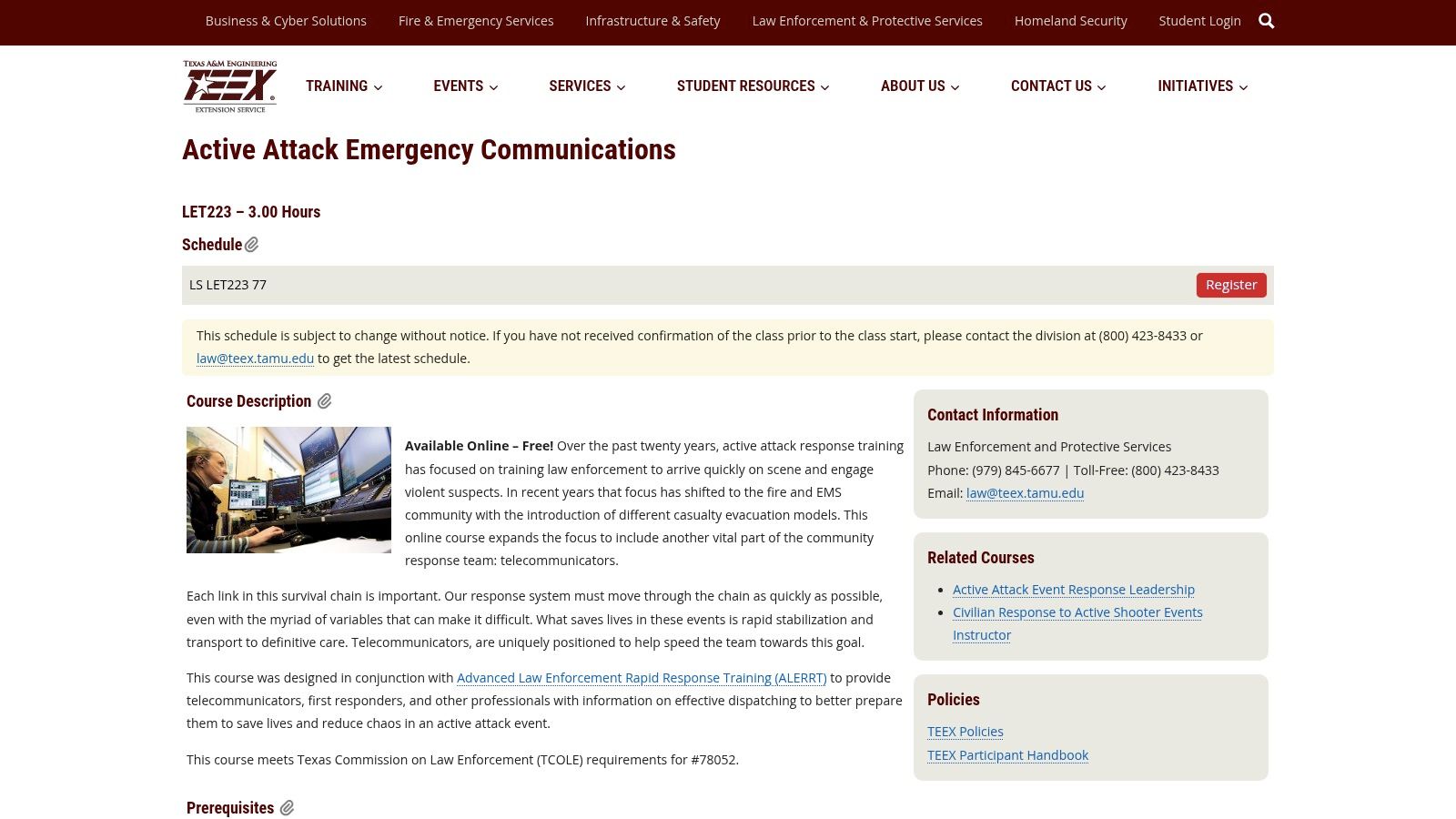 TEEX (Texas A&M Engineering Extension Service) – LET223 Active Attack Emergency Communications