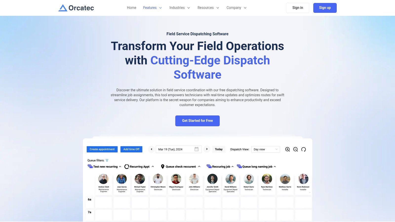 Orcatec (free plan for field-service dispatch)