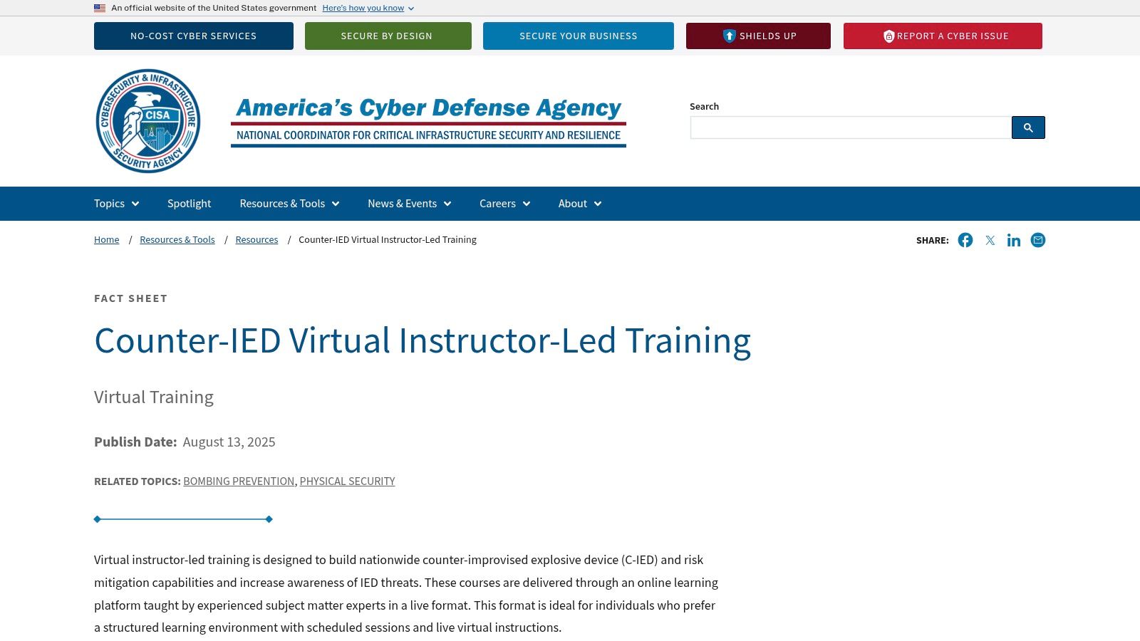 CISA Office for Bombing Prevention (OBP) – Virtual Instructor-Led Training (VILT)