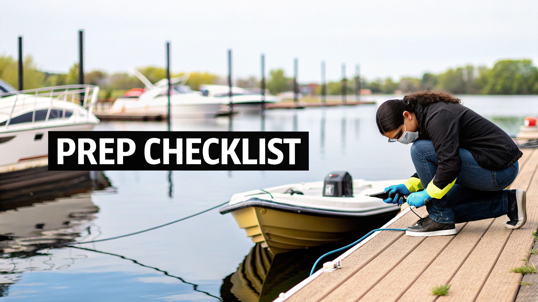 A masked person in gloves inspecting a small boat at a marina dock, with "PREP CHECKLIST" text.