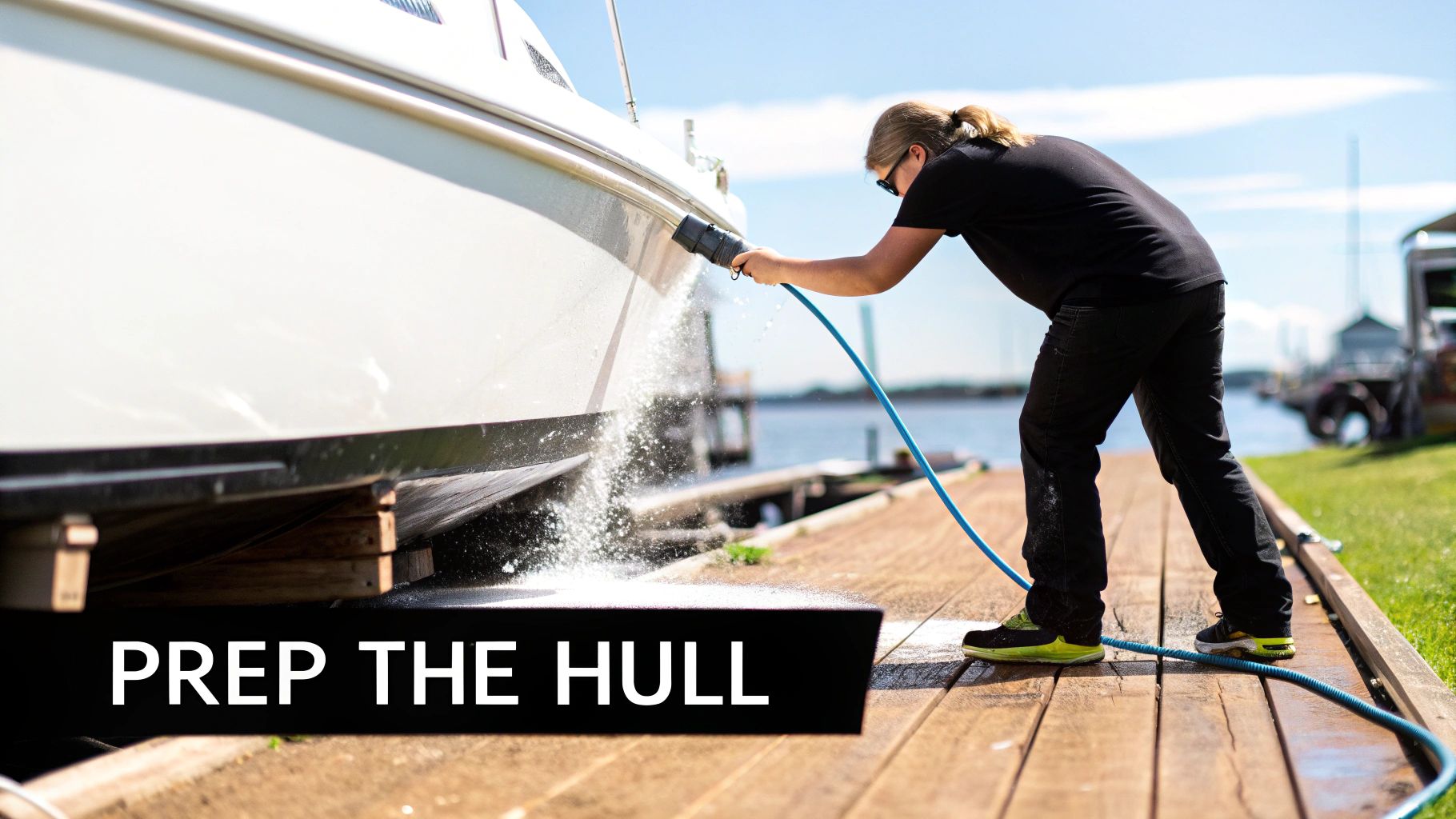 A person wearing black clothing and sunglasses sprays water on the white hull of a boat, preparing it for maintenance.