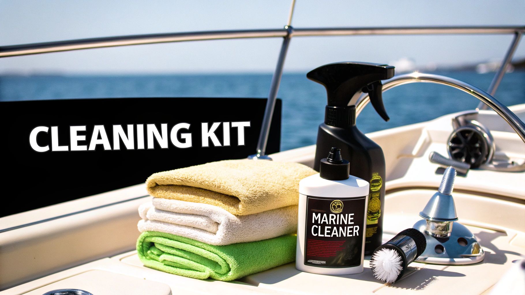 A marine cleaning kit displayed on a boat deck, featuring bottles of cleaner, stacked towels, and a brush, with the ocean in the background.