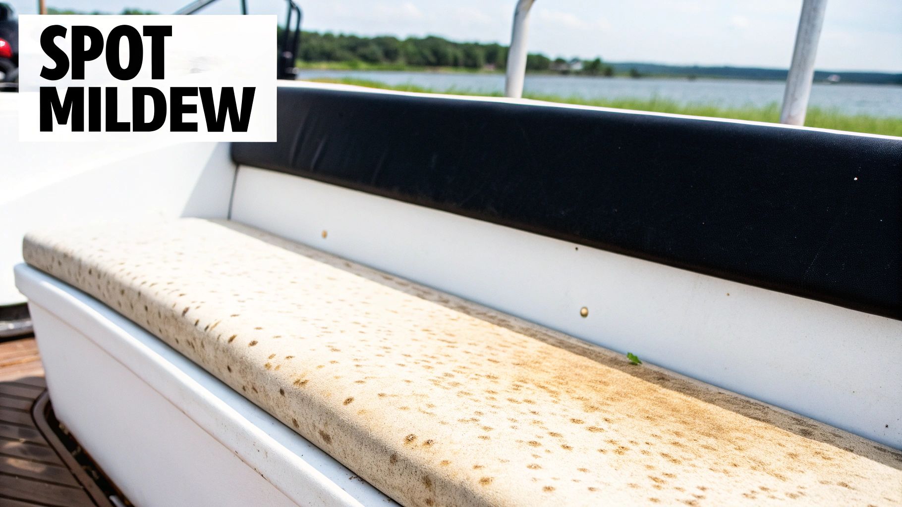 A light-colored boat seat cushion heavily stained with dark, spotty mildew spots.