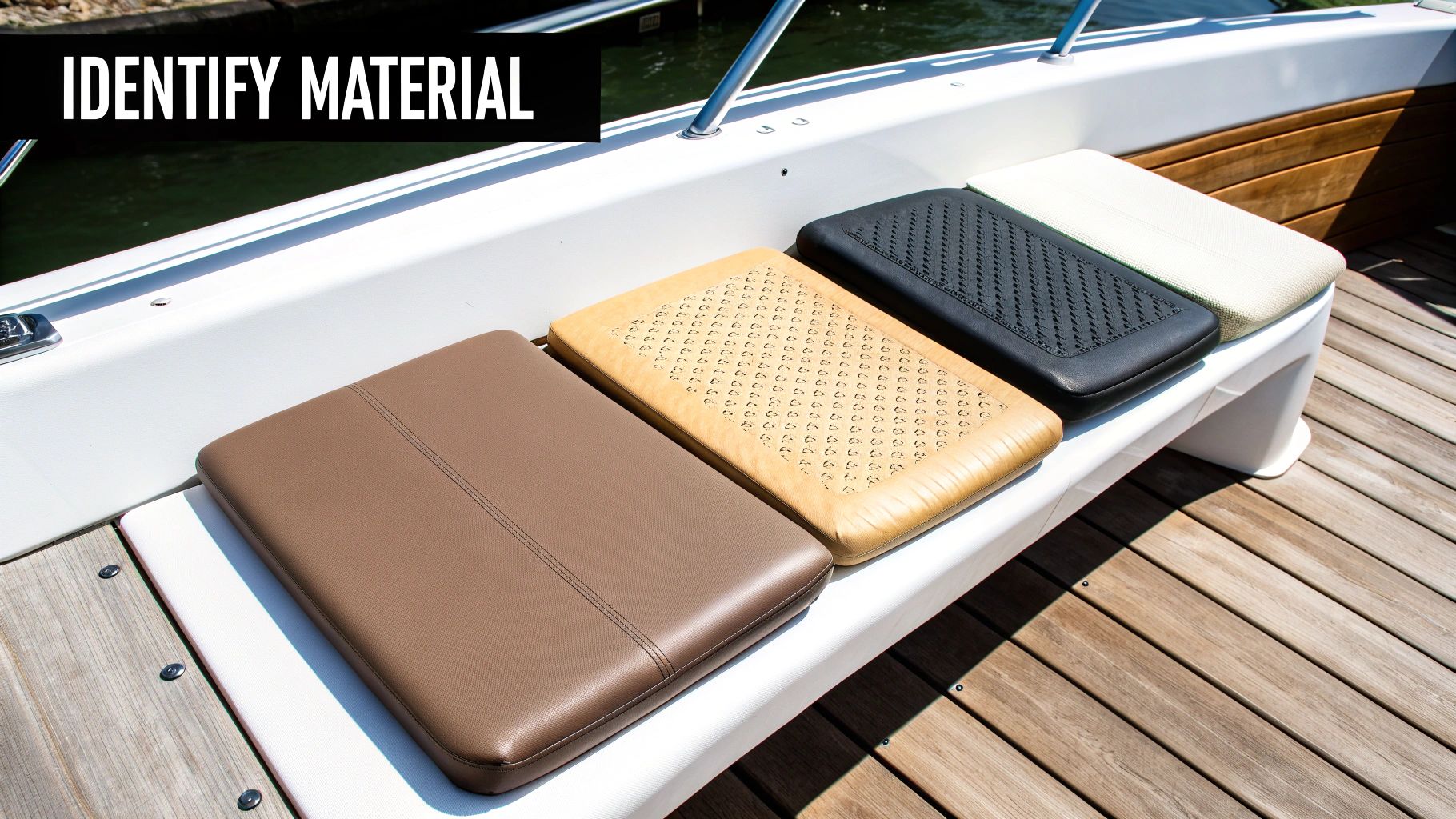 Four distinct boat seat cushions made of various materials and colors on a boat bench.