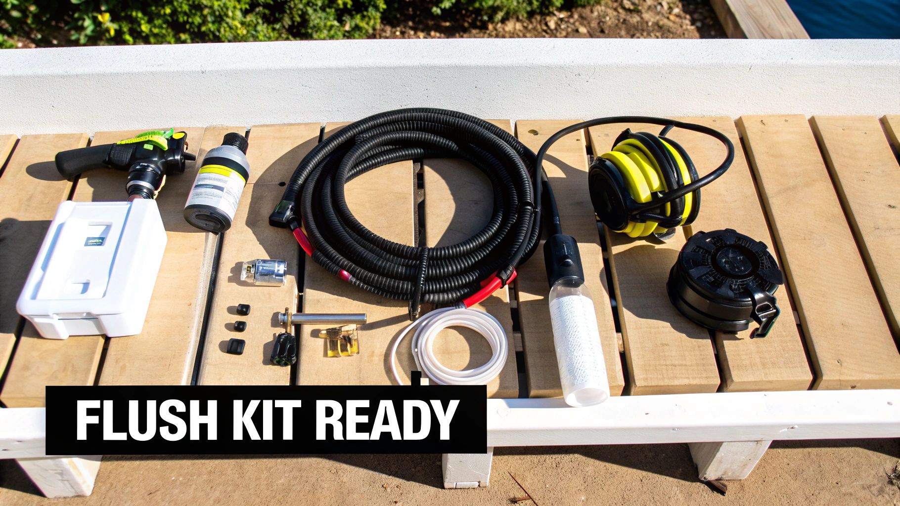 A complete marine engine flush kit laid out on wooden planks, ready for use.
