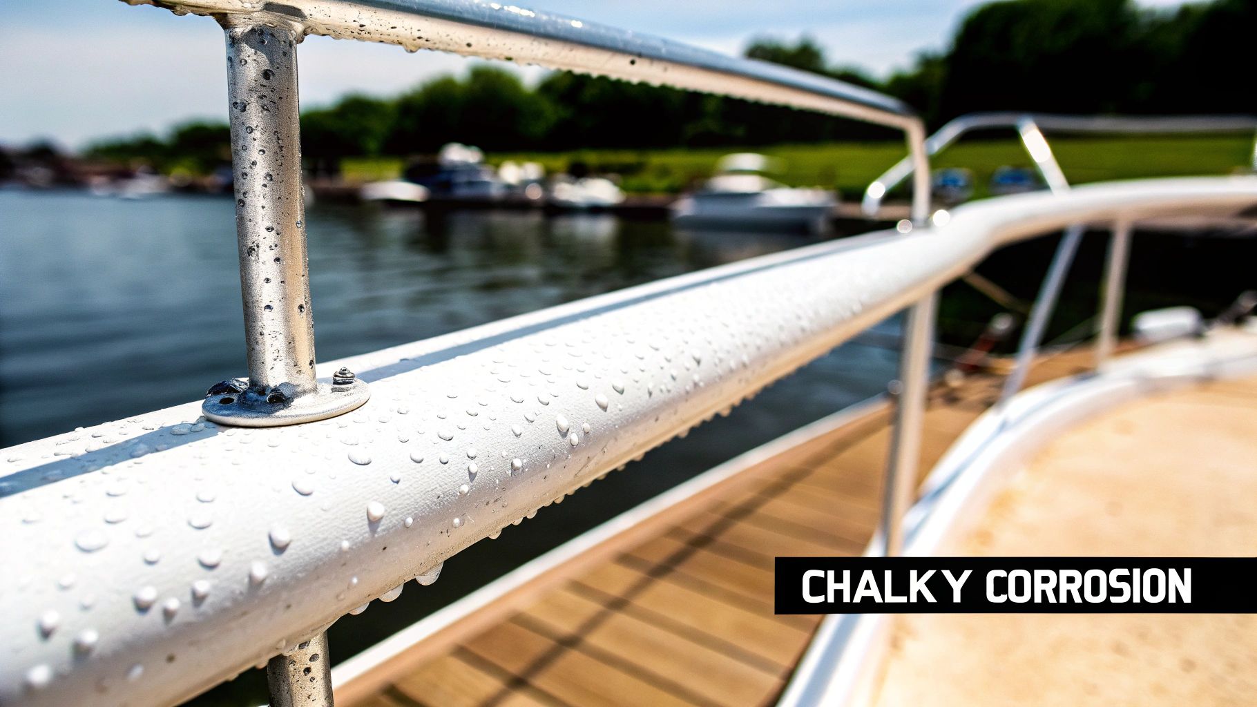 Close-up of a boat's white railing with water droplets and a corroded metal support.