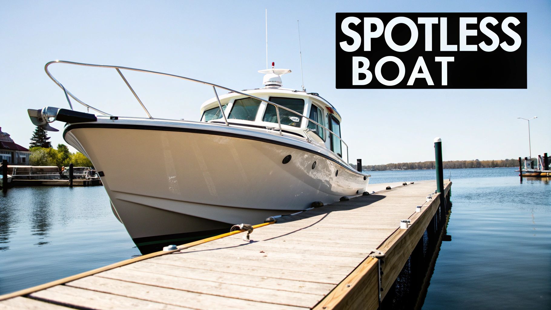 A pristine white boat docked at a sunny wooden pier on calm water, with text overlay.