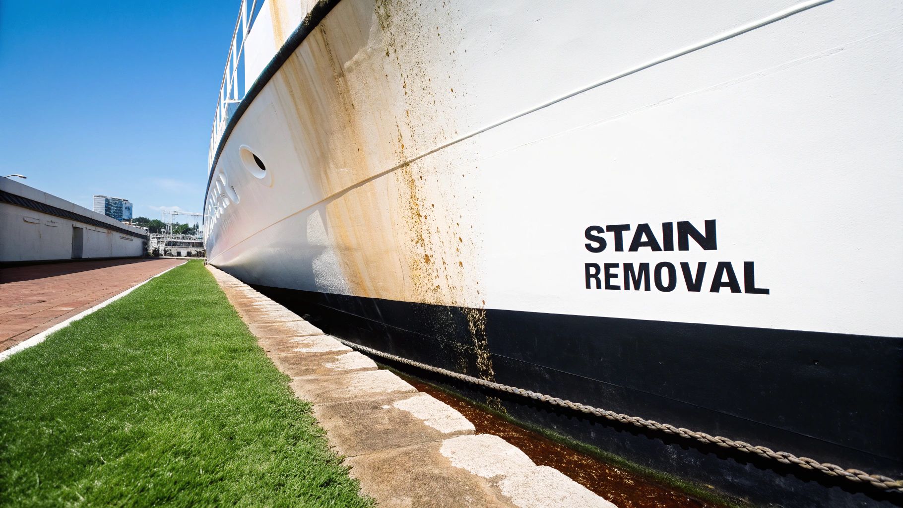 A large white boat with prominent rust stains on its hull, ironically next to 'STAIN REMOVAL' text.