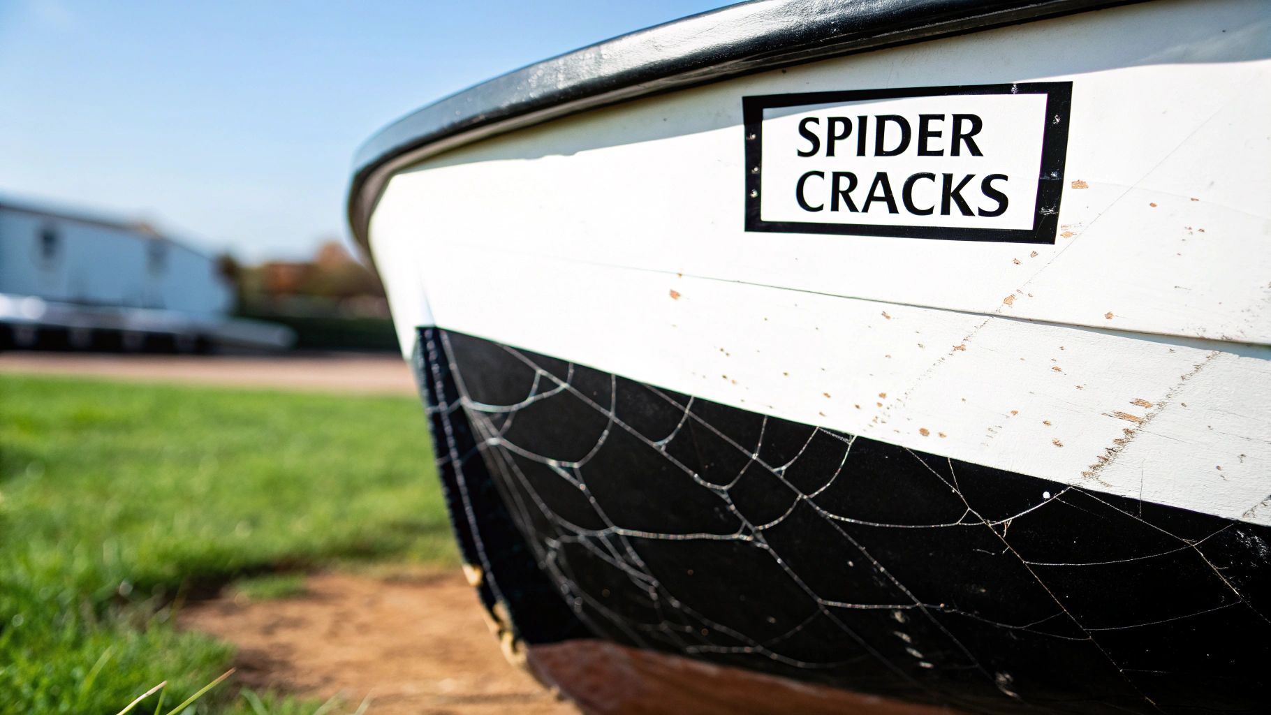 Close-up of a boat hull with a 'SPIDER CRACKS' sign and visible fine cracks on its black gelcoat.