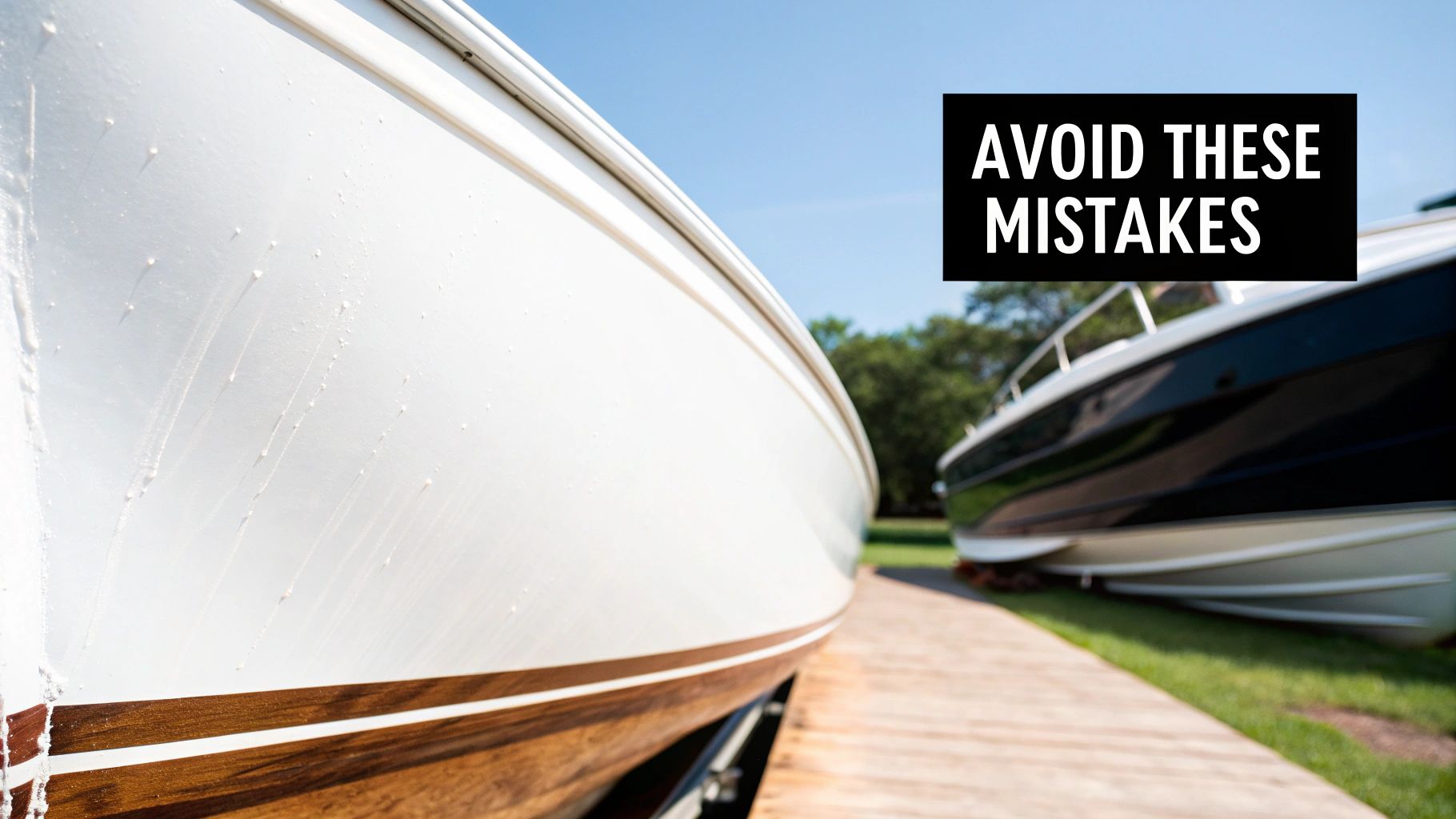 Close-up of a white boat with visible dried water streaks and residue, suggesting cleaning issues.