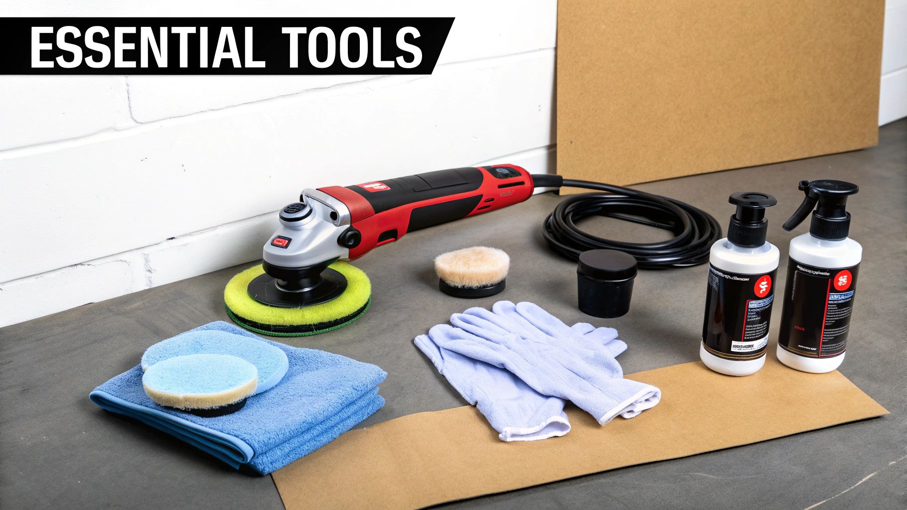 Essential tools for polishing surfaces, featuring a rotary polisher, pads, microfiber towels, and cleaning solutions.
