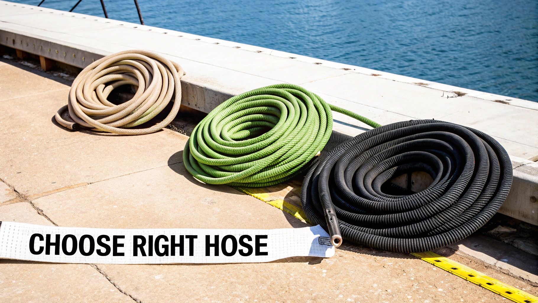 Three coiled hoses (beige, green, black) on a dock by the water, with text 'CHOOSE RIGHT HOSE'.