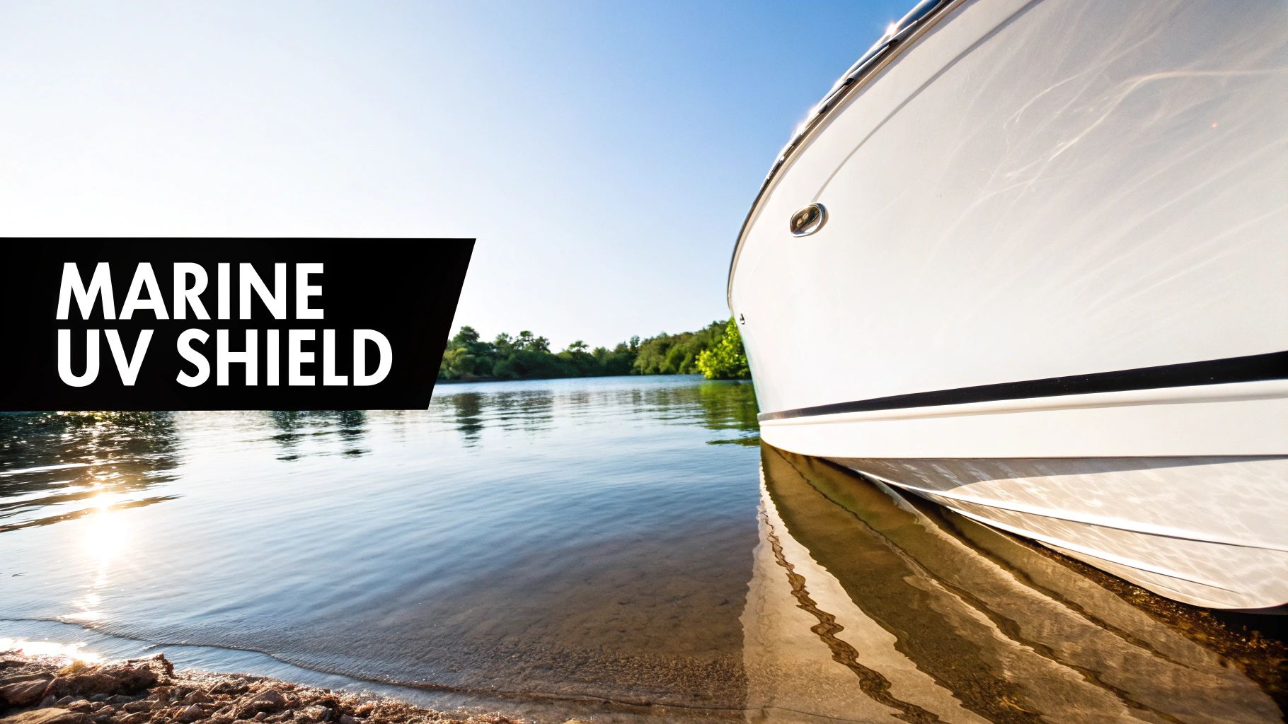 A white boat sits on a sunny lake shore with the text 'MARINE UV SHIELD' overlay.
