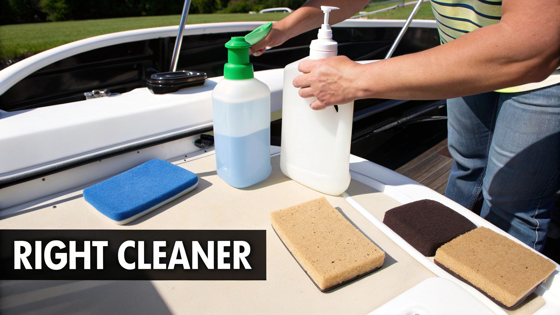 Person cleaning a boat deck with various cleaning products and sponges on a sunny day.