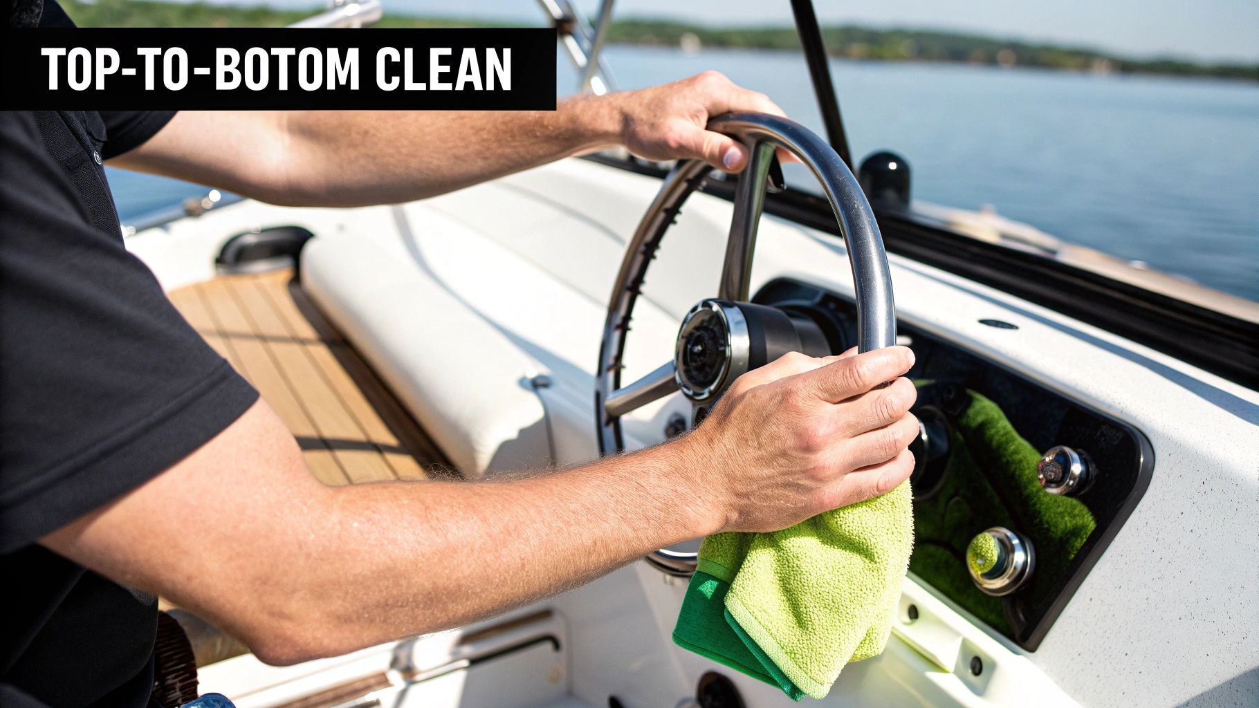 A person's hands cleaning a boat's steering wheel with a green microfiber cloth.