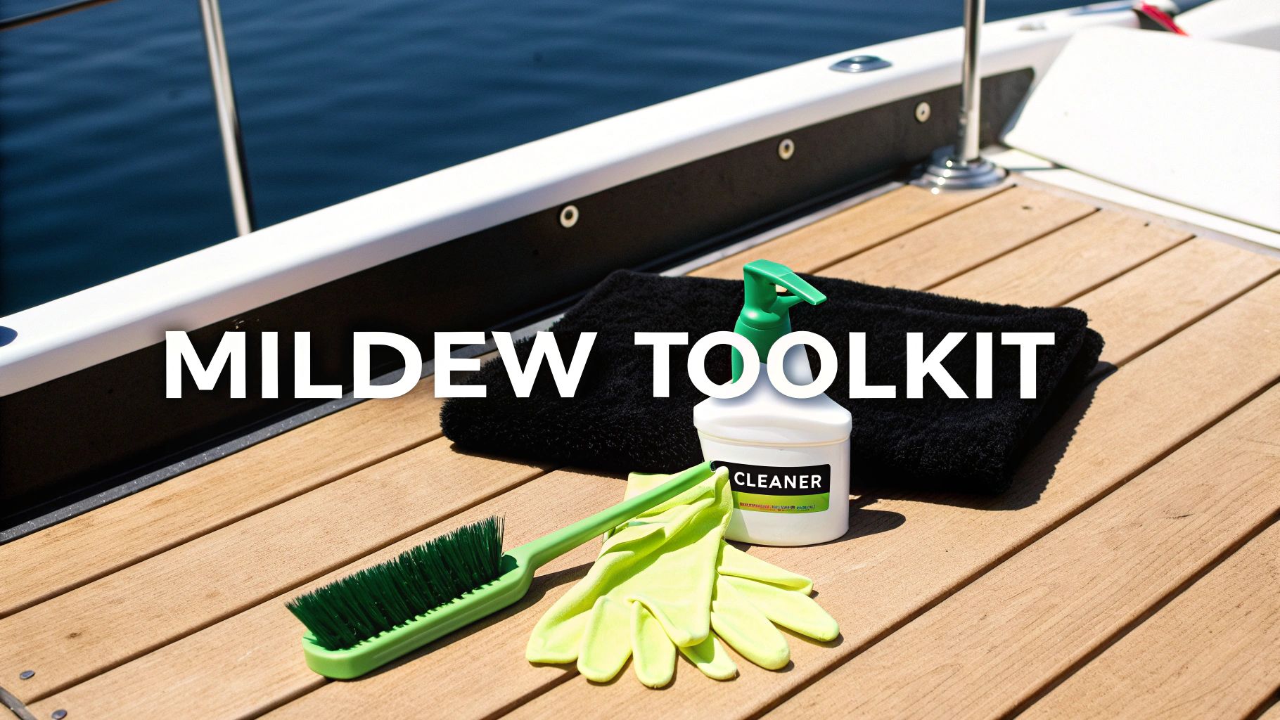 A mildew cleaning toolkit on a boat deck, featuring cleaner, brush, gloves, and a towel.