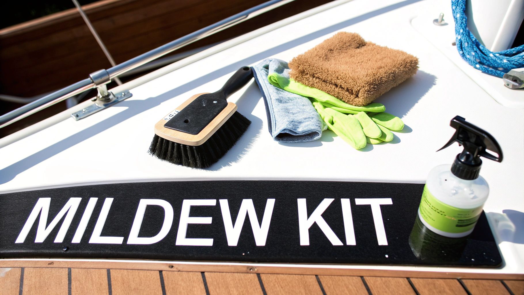 A mildew cleaning kit including a brush, gloves, cloths, and spray bottle on a boat deck.