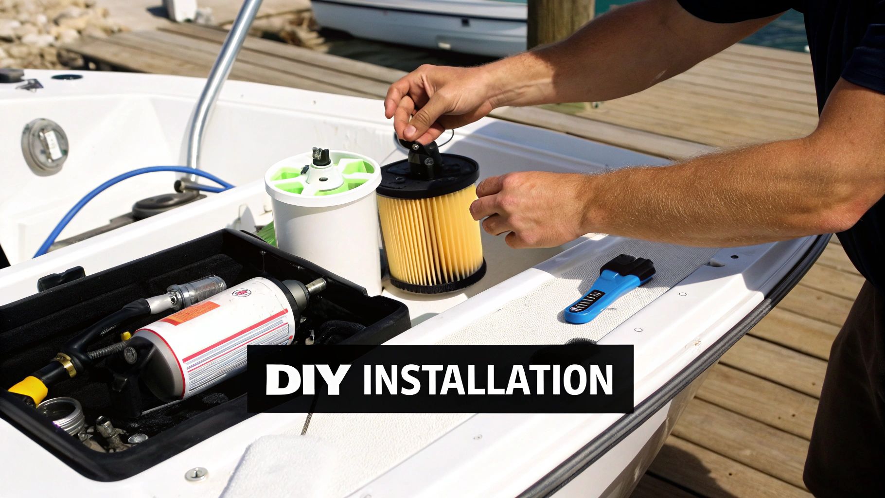 Person installing a new 0.2 micron filter on a boat during a DIY installation.