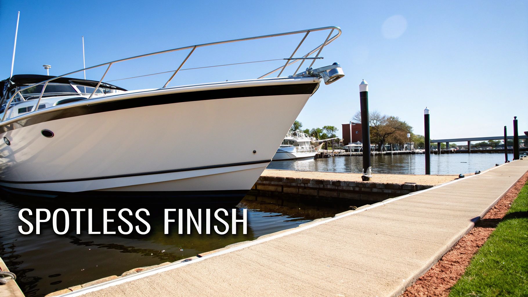 A gleaming white boat with “SPOTLESS FINISH” text docked at a sunny marina under a clear blue sky.