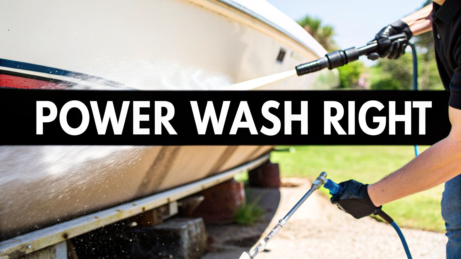 A person wearing black gloves power washing the side of a white boat with a high-pressure sprayer.