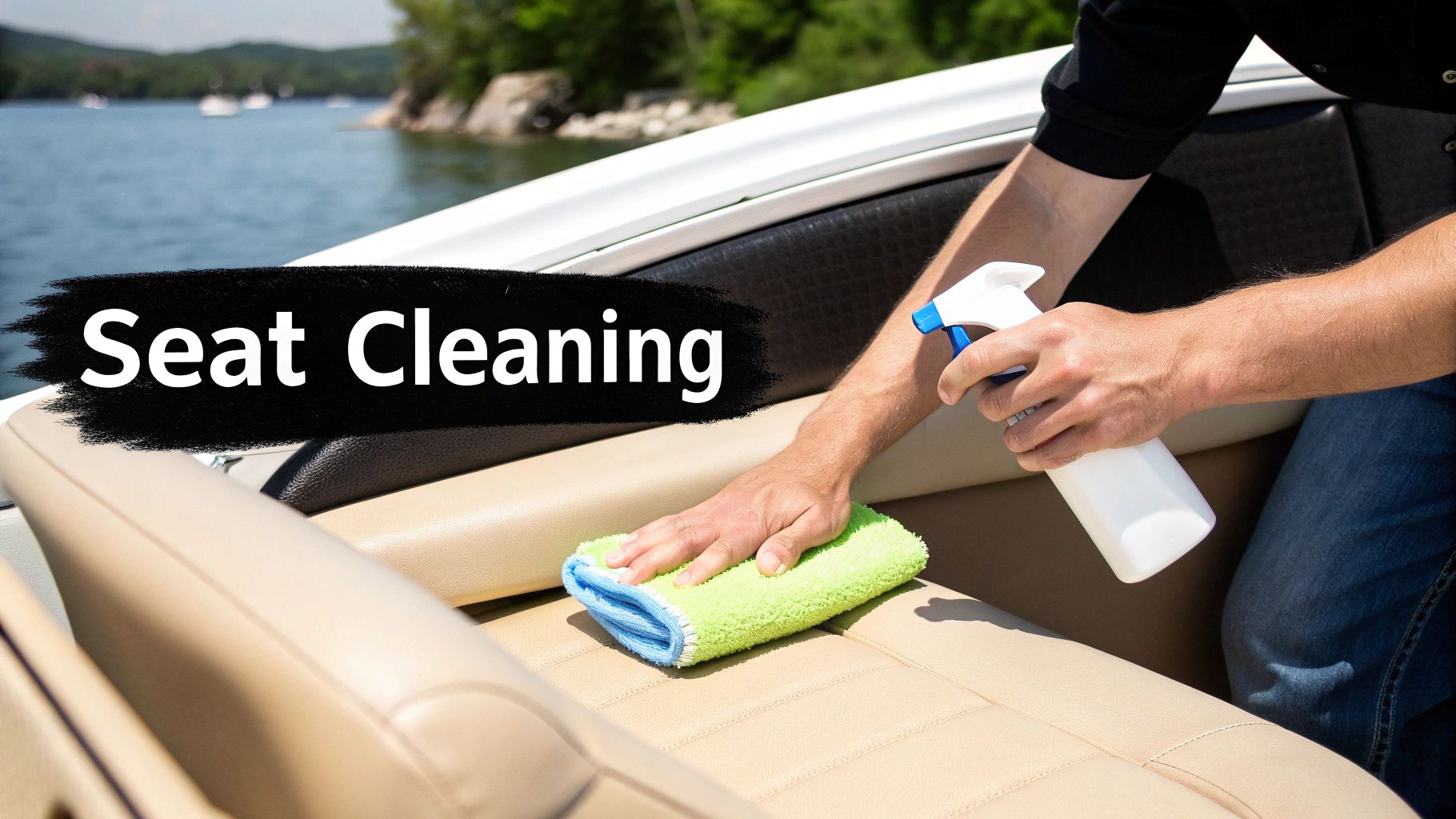 A person is cleaning the light-colored seat of a boat with a spray bottle and a cloth.